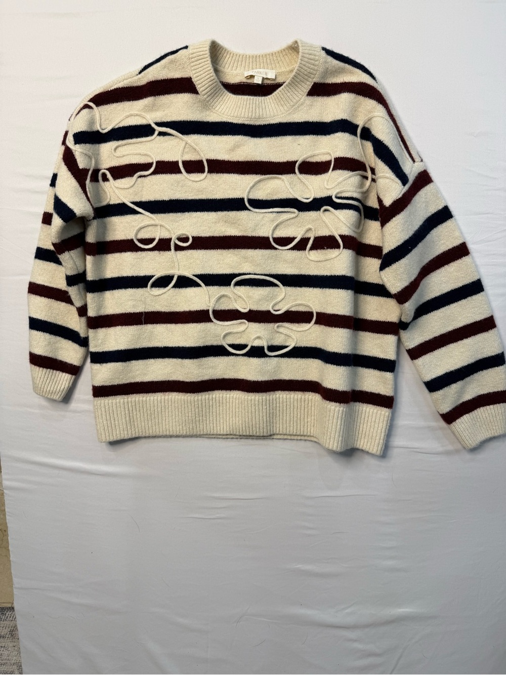 Parker Cream Crewneck Sweater with Navy & Brown Stripes